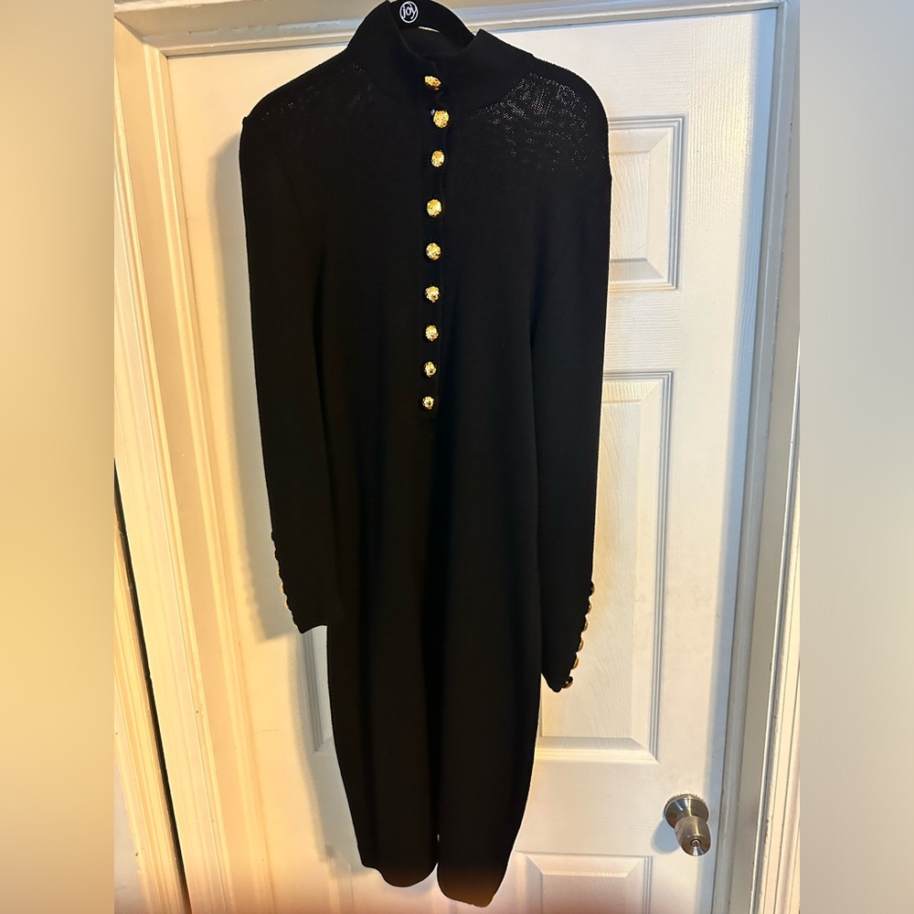 St. John sheath dress with descending gold buttons on back.